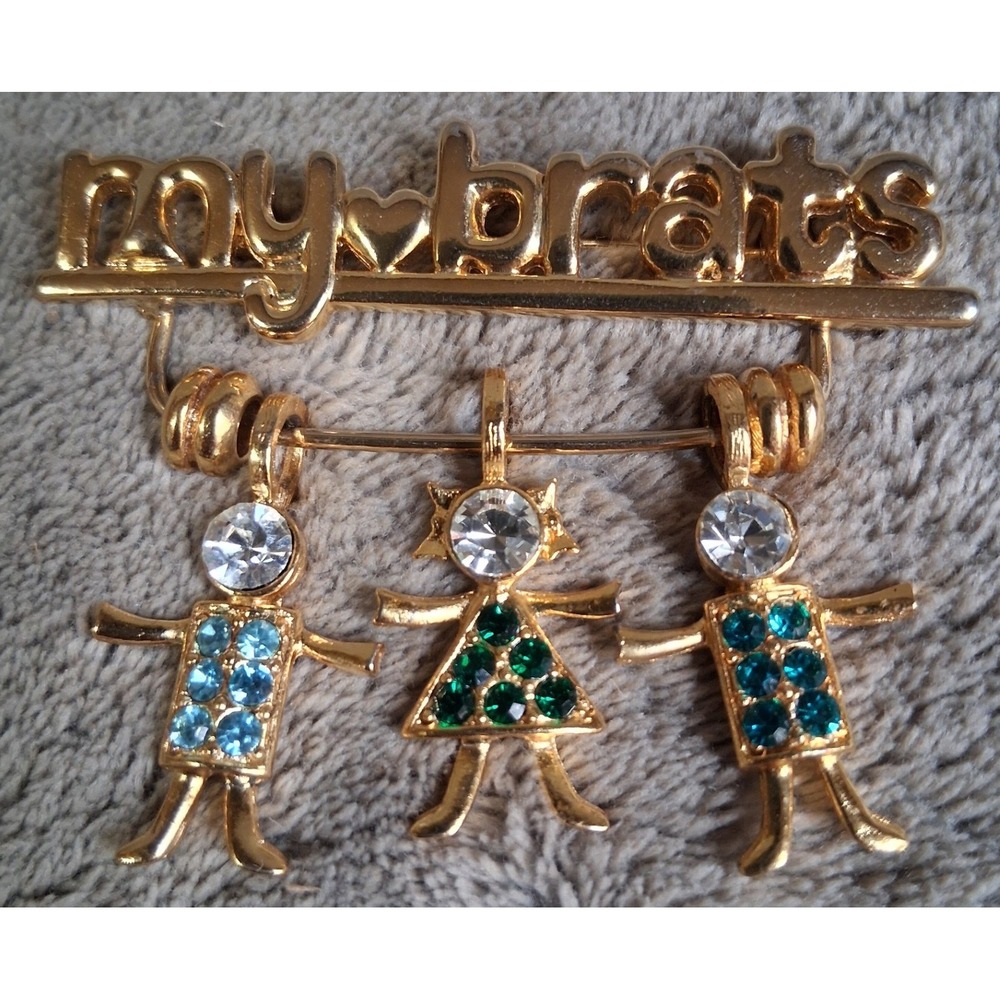 Vintage K.I.S. USA My Brats Gold Tone Rhinestone 3 Child Charm Brooch Pin